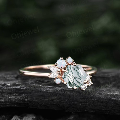 Hexagon cut green moss agate ring gold silver vintage unique engagement order ring cluster opal ring art deco diamond promise wedding ring women