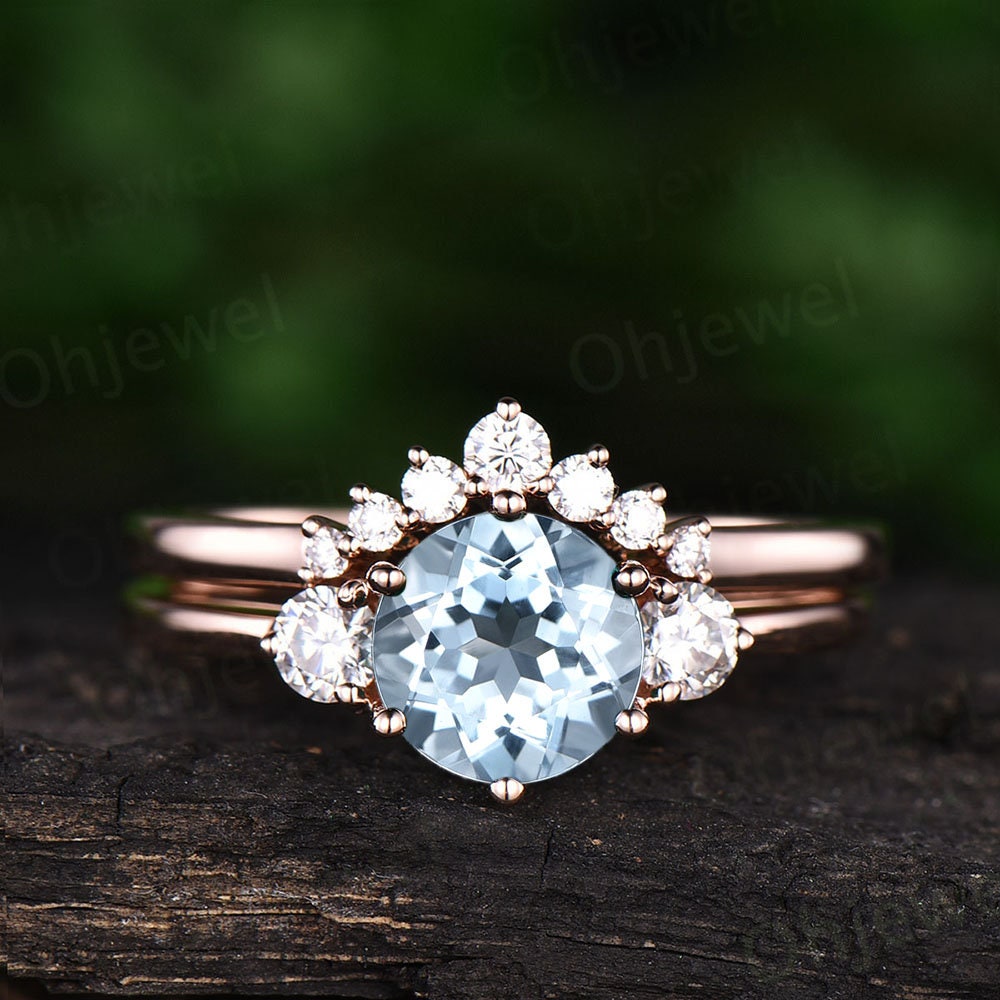 Three Stone Ring Vintage Aquamarine Engagement Ring Set Rose - Etsy