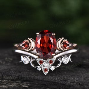 Vintage kite oval red garnet engagement ring 14k rose gold three stone moon Celtic knot moissanite anniversary wedding ring set women her