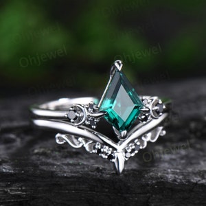 Moon black diamond ring vintage kite cut green emerald engagement ring set solid 14k white gold unique anniversary wedding ring set women