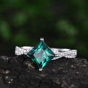 Princess cut emerald engagement ring white rose gold emerald ring vintage real diamond twisted unique May birthstone promise wedding ring