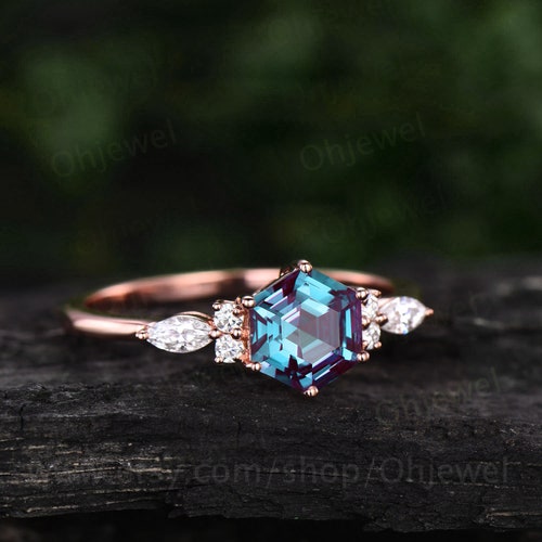 Hexagon Alexandrite engagement ring art deco rose shops gold silver ring 7 stone vintage moissanite ring for women promise anniversary ring gift