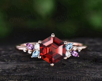 Hexagon cut red garnet engagement ring solid 14k rose gold 6 prong cluster snowdrift amethyst topaz ring vintage anniversary ring women