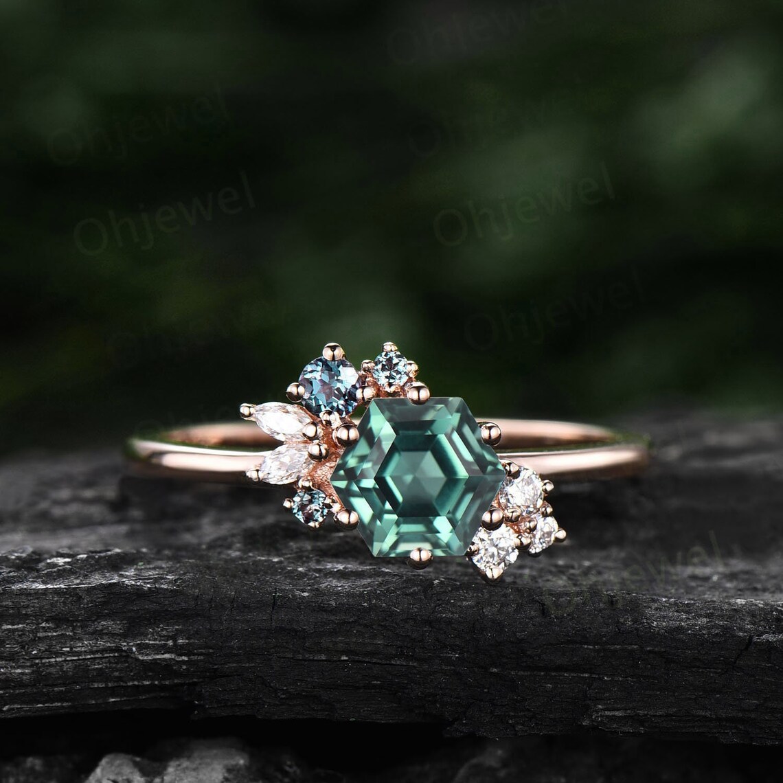 Hexagon Cut Green Sapphire Engagement Ring Teal Sapphire - Etsy