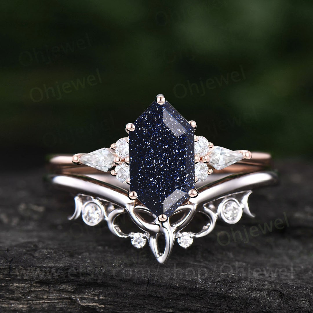 Hexagon Cut Blue Goldstone Ring Vintage Blue Sandstone