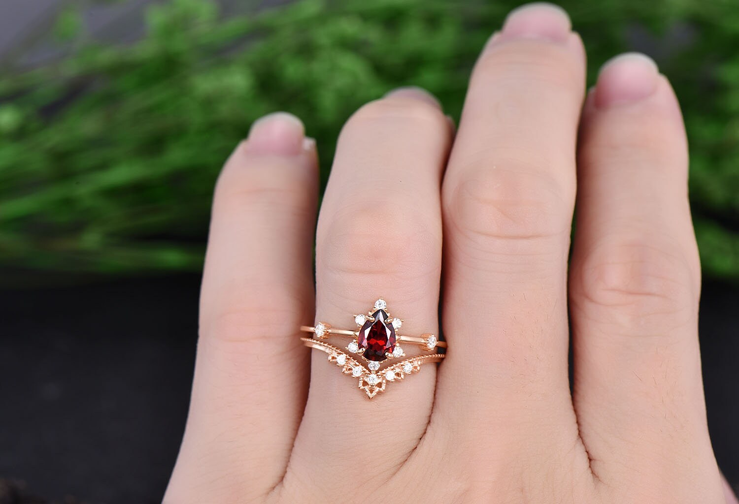 Rose Gold Ring Set Unique Vintage Engagement Ring 2pcs Pear Etsy