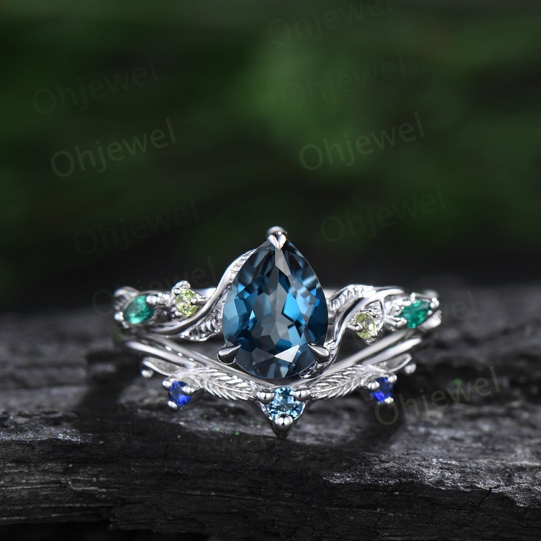 Pear Shaped London Blue Topaz Ring Vintage Art Deco Sapphire Peridot ...