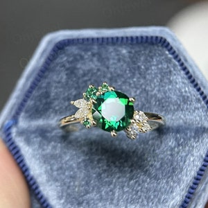 Round cut emerald ring gold silver for women vintage unique emerald engagement ring cluster art deco moissanite bridal ring gifts
