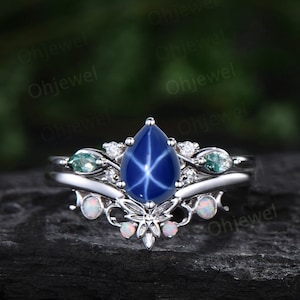 Vintage pear star sapphire engagement ring set art deco solid 14k white gold moss agate opal ring women moon Celtic knot bridal ring set