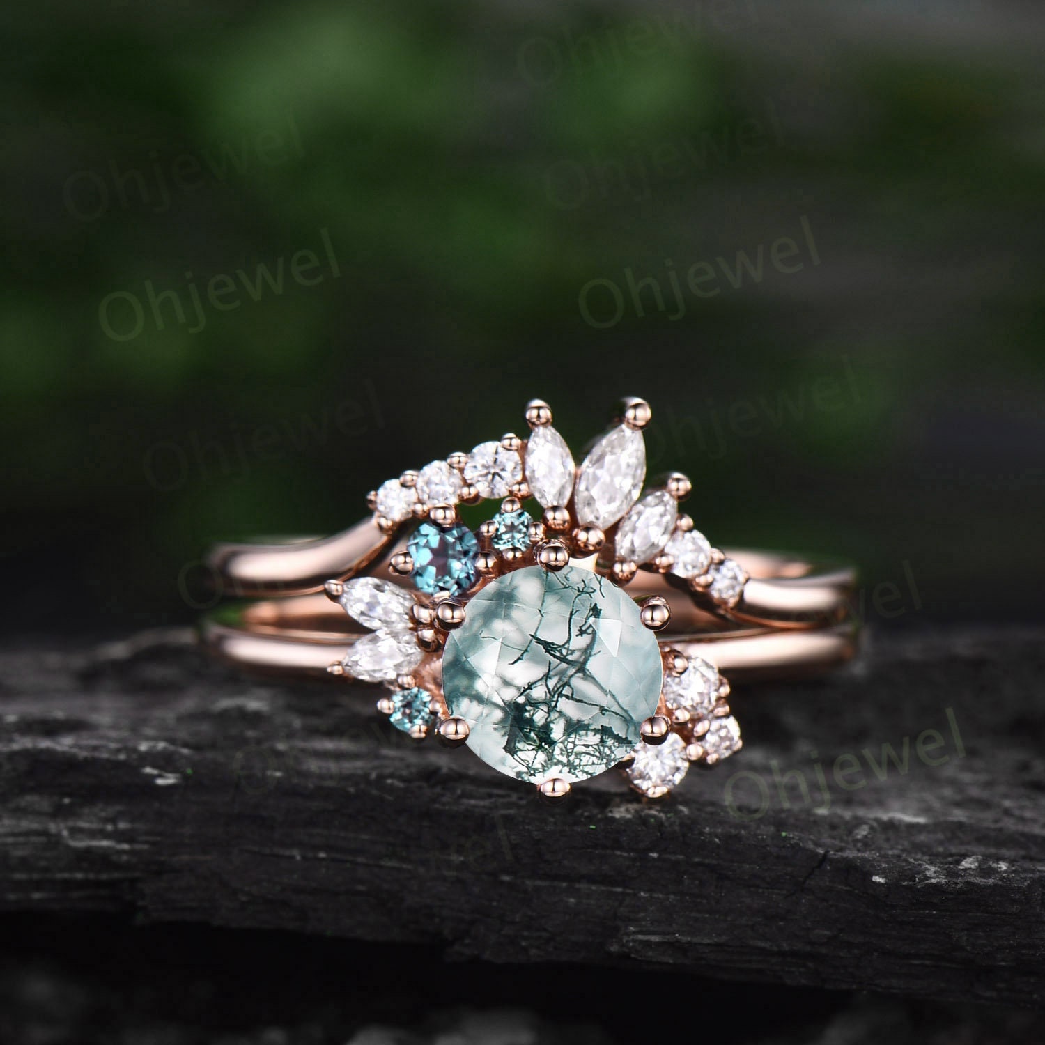 Vintage round cut green moss agate ring unique cluster engagement ring set 14k rose gold silver marquise diamong ring women promise ring her