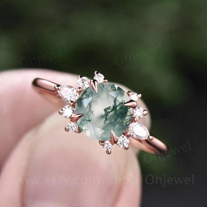 Vintage moss agate engagement ring rose gold ring cluster moissanite ring for women unique moss agate ring gold antique jewelry bridal gift
