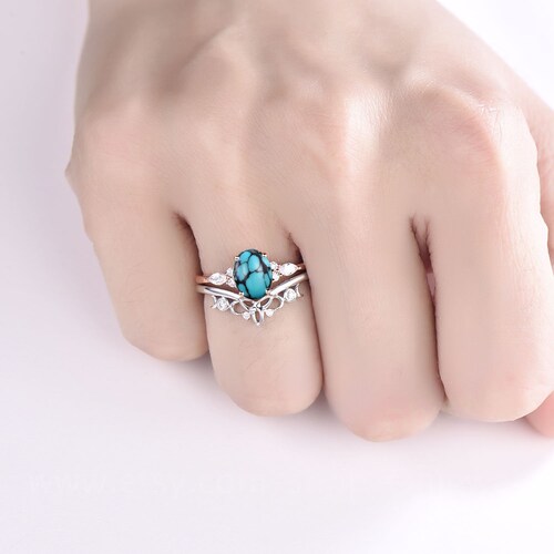 Oval natural turquoise ring rose gold vintage unique engagement ring set for women art deco shops moissanite promise bridal wedding ring set gift