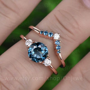 Vintage unique engagement ring 2pcs London blue topaz engagement ring set rose gold moissanite ring topaz wedding band wedding bridal set