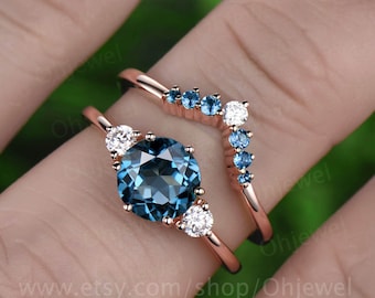 Vintage unique engagement ring 2pcs London blue topaz engagement ring set rose gold moissanite ring topaz wedding band wedding bridal set