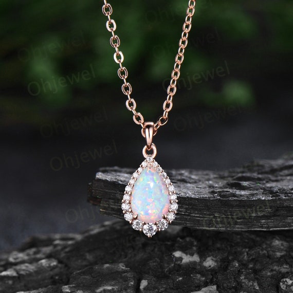 Pear Cut White Opal Necklace Snowdrift Halo Diamond Moissanite