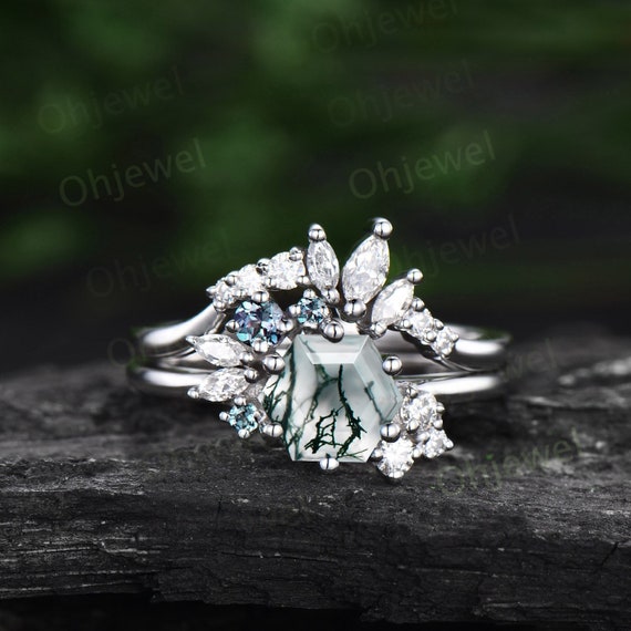 Hexagon Cut Moss Agate Ring White Gold Vintage Unique Engagement