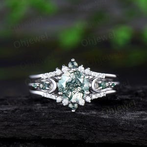 Round cut natural moss agate ring 14k rose gold five stone moon unique engagement ring emerald promise ring set women anniversary gift