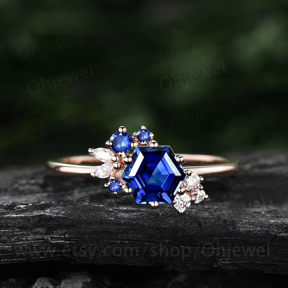 Montana blue sapphire ring set, antique style engagement rings / Lyonella |  Eden Garden Jewelry™