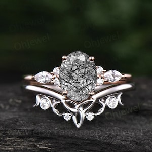 Unique vintage oval black rutilated quartz engagement ring set 7 stone moissanite ring for women rose gold silver norse viking ring Jewelry