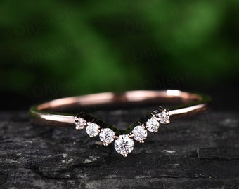 Moissanite wedding band curved moissanite wedding ring band bridal ring solid 10k 14k 18k rose gold stacking matching band