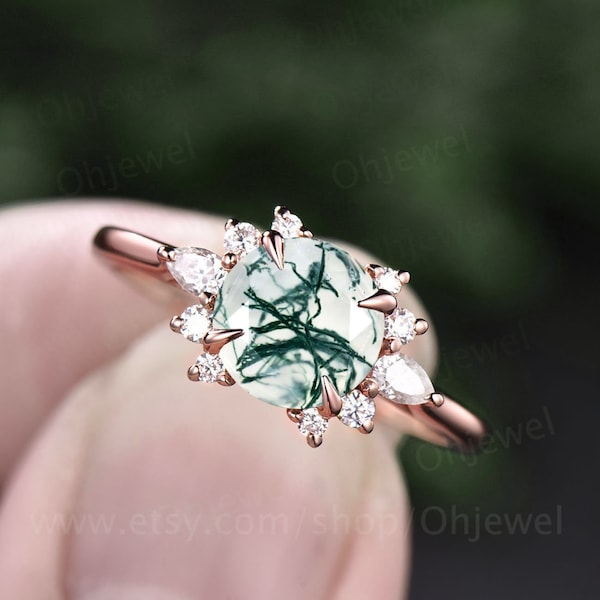 Vintage moss agate engagement ring rose gold ring cluster moissanite ring for women unique moss agate ring gold antique jewelry bridal gift