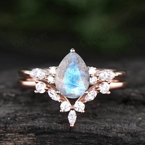 Unique pear shaped Labradorite engagement ring set vintage art deco marquise moissanite wedding promise ring set rose gold sterling silver