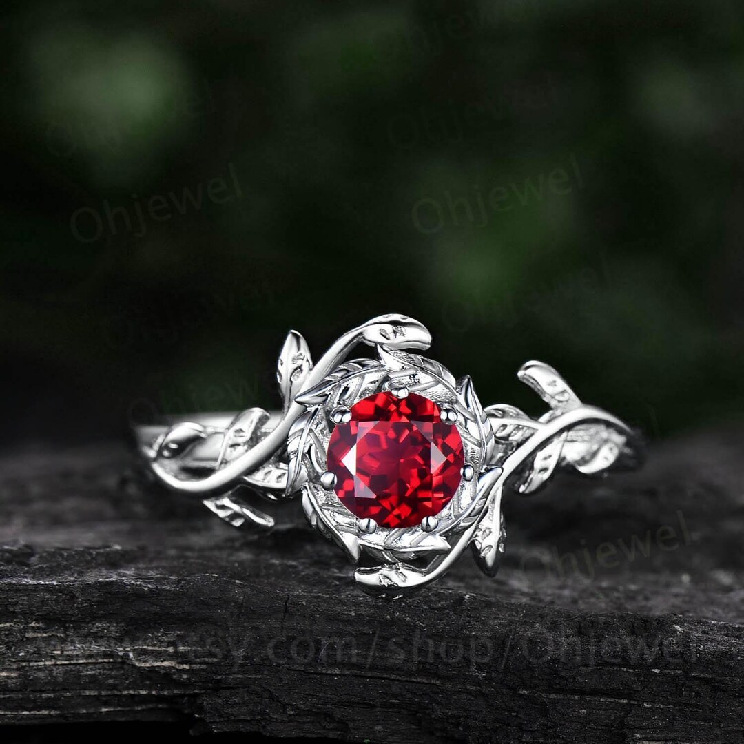 Round Cut Red Ruby Engagement Ring Vintage Solitaire White Gold Twig ...