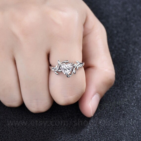 Moissanite ring vintage Heart shaped moissanite engagement ring leaf rose  gold Solitaire Alternative nature inspired engagement ring women