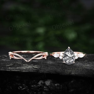 Pear shaped black rutilated quartz engagement ring set rose gold unique vintage engagement ring moissanite ring wedding ring set for women