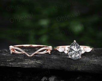 Pear shaped black rutilated quartz engagement ring set rose gold unique vintage engagement ring moissanite ring wedding ring set for women