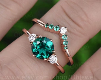 Three stone engagement ring emerald engagement ring set rose gold May birthstone ring moissanite natural emerald wedding band bridal set