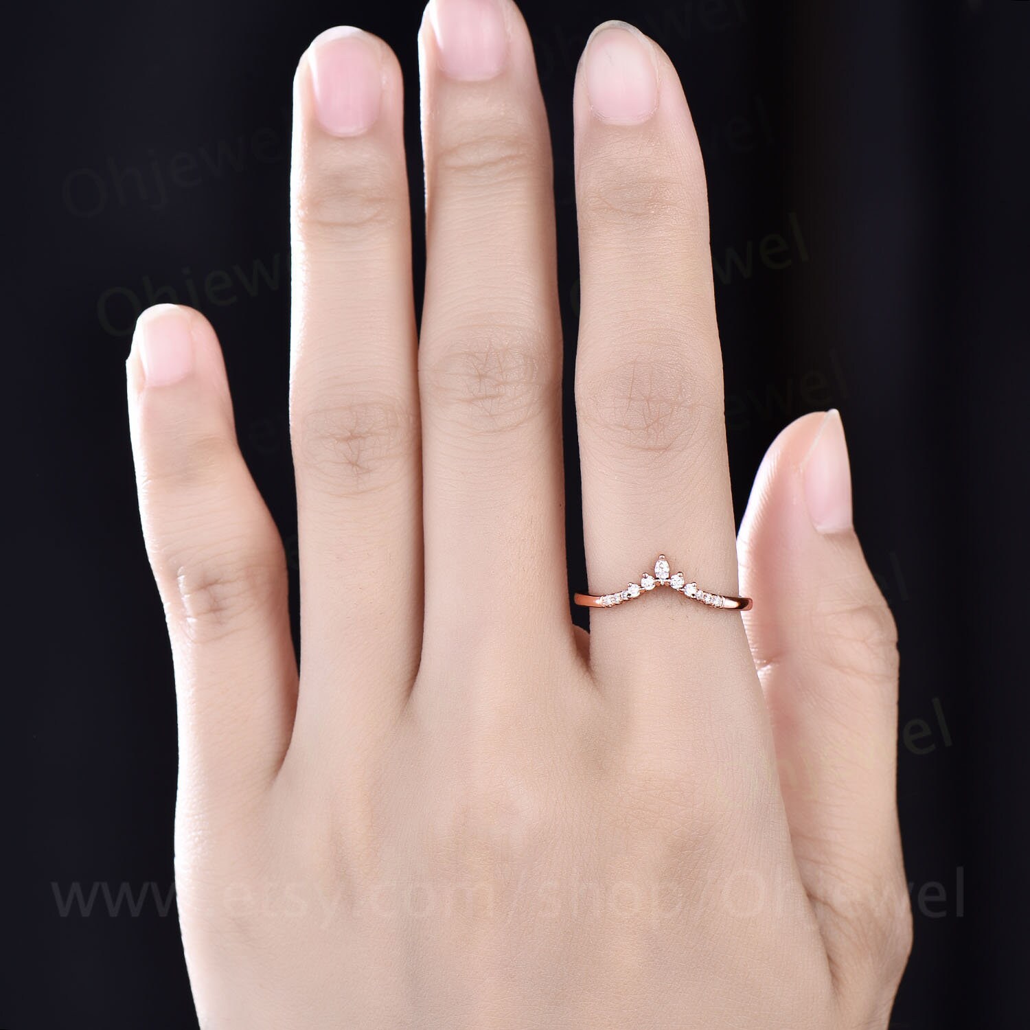 Art Deco Diamond Wedding Band 14k Rose Gold Marquise Cut Moissanite ...