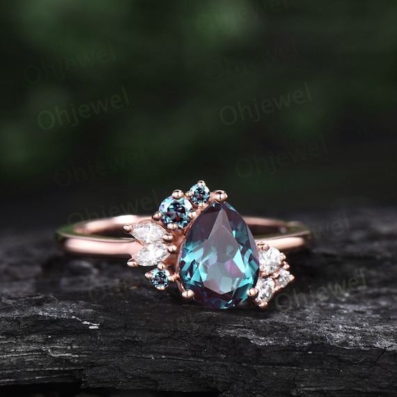 Bague De Fiançailles Pierre De Lune Alexandrite Poire - Argent Plaqué - Neuf Sans Boîte