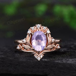 Delicate oval cut Lavender Amethyst engagement ring set solid 14k rose gold leaf nature inspired diamond anniversary gift crystal ring women