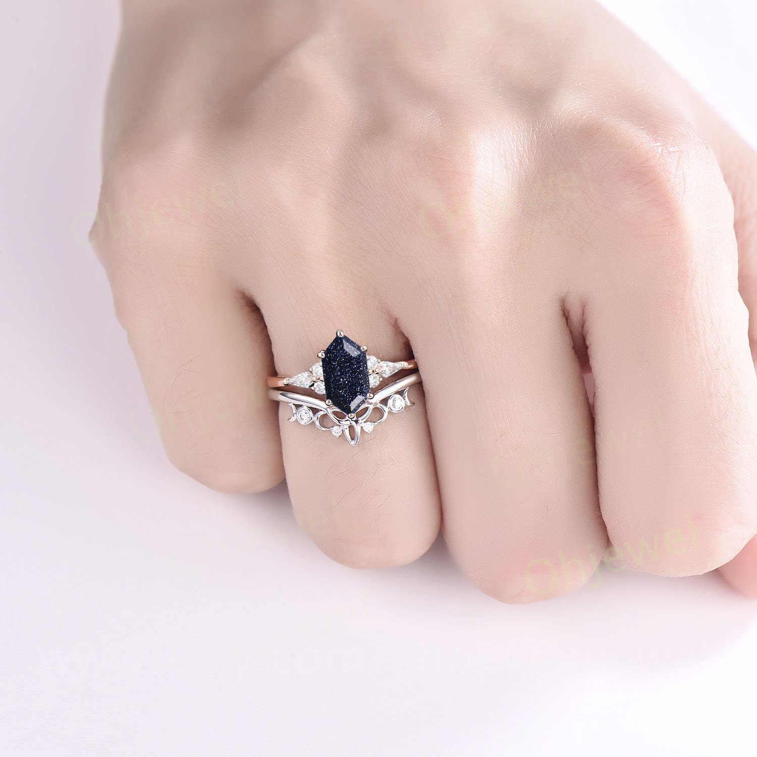 Hexagon Cut Blue Goldstone Ring Vintage Blue Sandstone