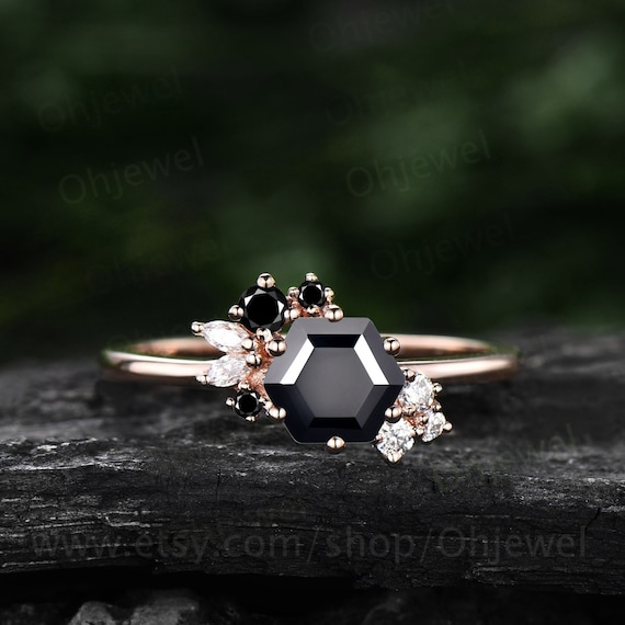 Vintage Black Rutilated Quartz Wedding Ring Set Unique Engagement Ring Set Rose Gold Cluster Black Onyx Bridal Set Women Anniversary Gift 2pcs Bridal