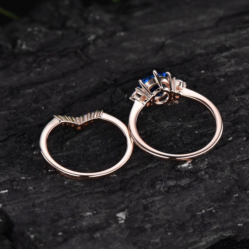 Vintage unique blue sapphire engagement ring set 14k rose gold three stone moissanite ring minimalist bridal wedding ring set for women gift image 5
