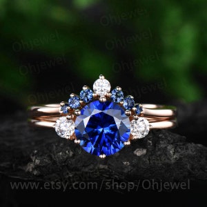 Vintage unique blue sapphire engagement ring set 14k rose gold three stone moissanite ring minimalist bridal wedding ring set for women gift image 2