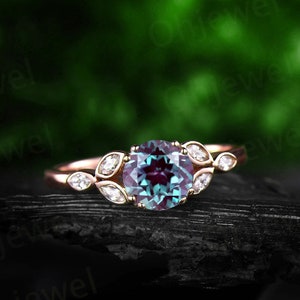 Color change alexandrite engagement ring rose gold 14K/18K flower marquise moissanite wedding band alexandrite ring gold women promise ring