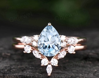 Pear shaped aquamarine ring gold silver for women vintage unique aquamarine engagement ring set art deco moissanite ring 14k rose gold ring