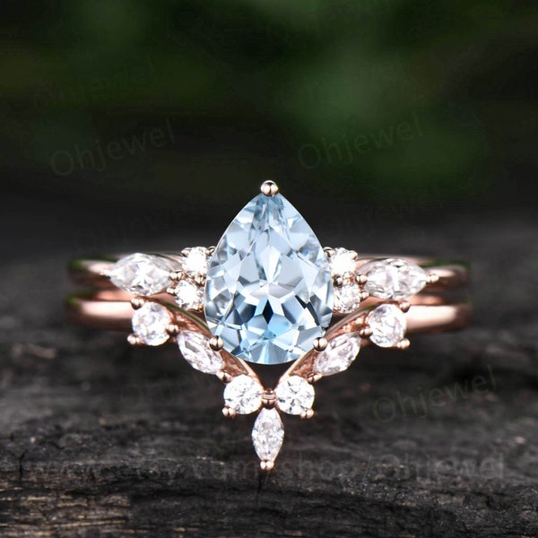 Pear shaped aquamarine ring gold silver for women vintage unique aquamarine engagement ring set art deco moissanite ring 14k rose gold ring