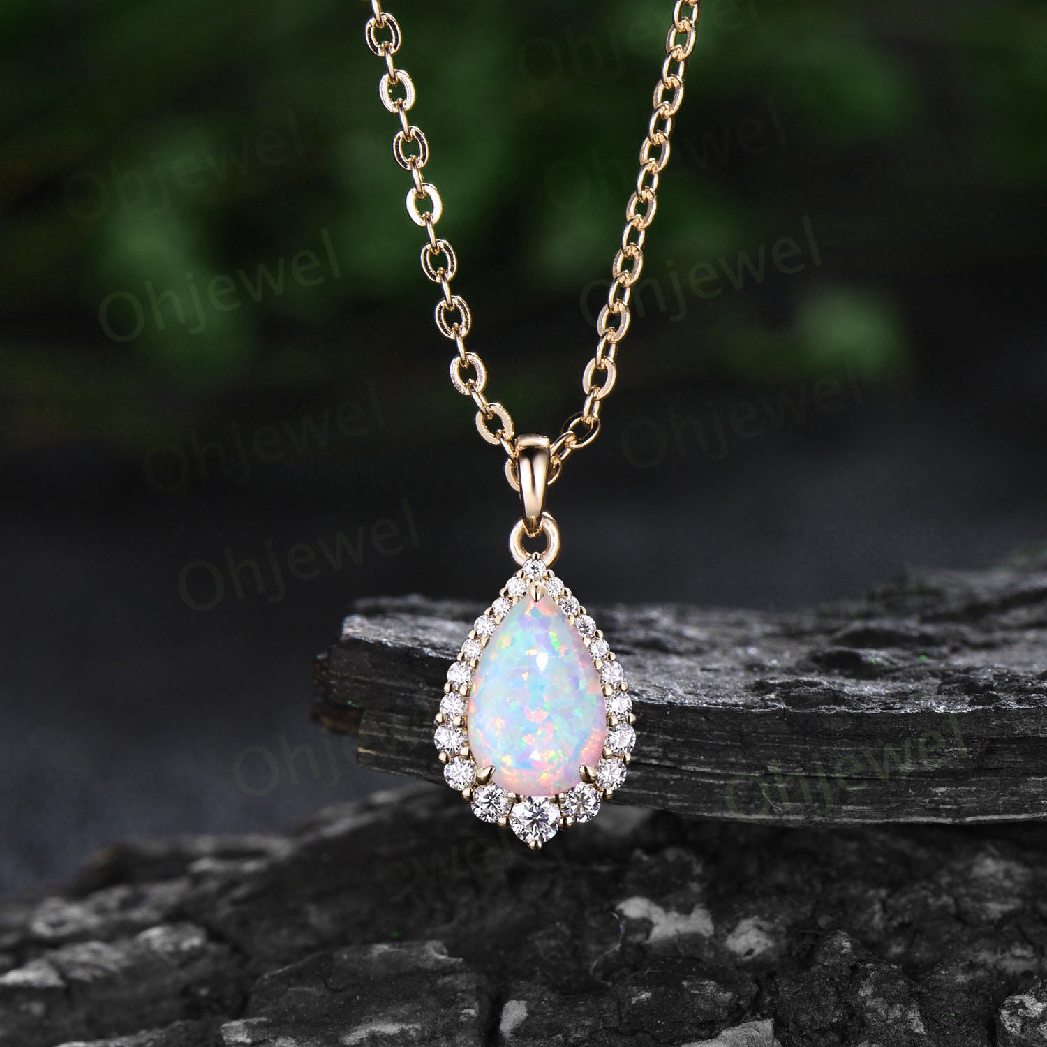 Pear Cut White Opal Necklace Snowdrift Halo Diamond