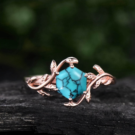 Hexagon Turquoise Ring Rose Gold Vintage Unique Leaf Nature
