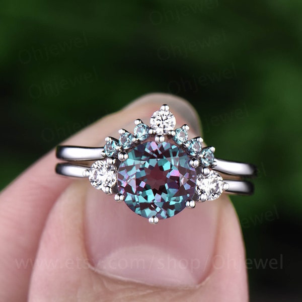 Vintage alexandrite engagement ring set 14k white gold three stone moissanite ring for women unique engagement ring promise wedding ring set