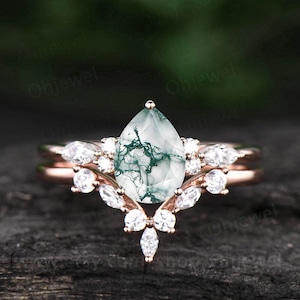 Pear shaped moss agate engagement ring set vintage moss agate ring set marquise moissanite ring set green moss ring 7 stone ring bridal set