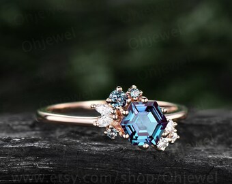 Payment Plan-Hexagon cut Alexandrite ring gold Alexandrite engagement ring  in size 8, 14k rose gold