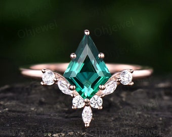 7x10mm kite cut green emerald engagement ring rose gold 6 prong unique diamond anniversary promise wedding ring women May birthstoner ring