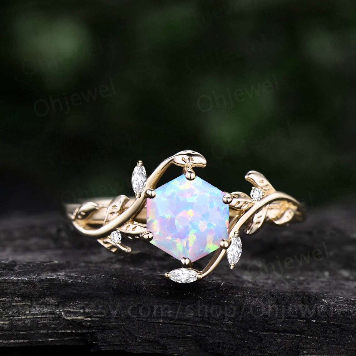 オパール　ボリューミィリング Vintage Hexagon Opal Engagement Ring Art Deco Cluster Nature