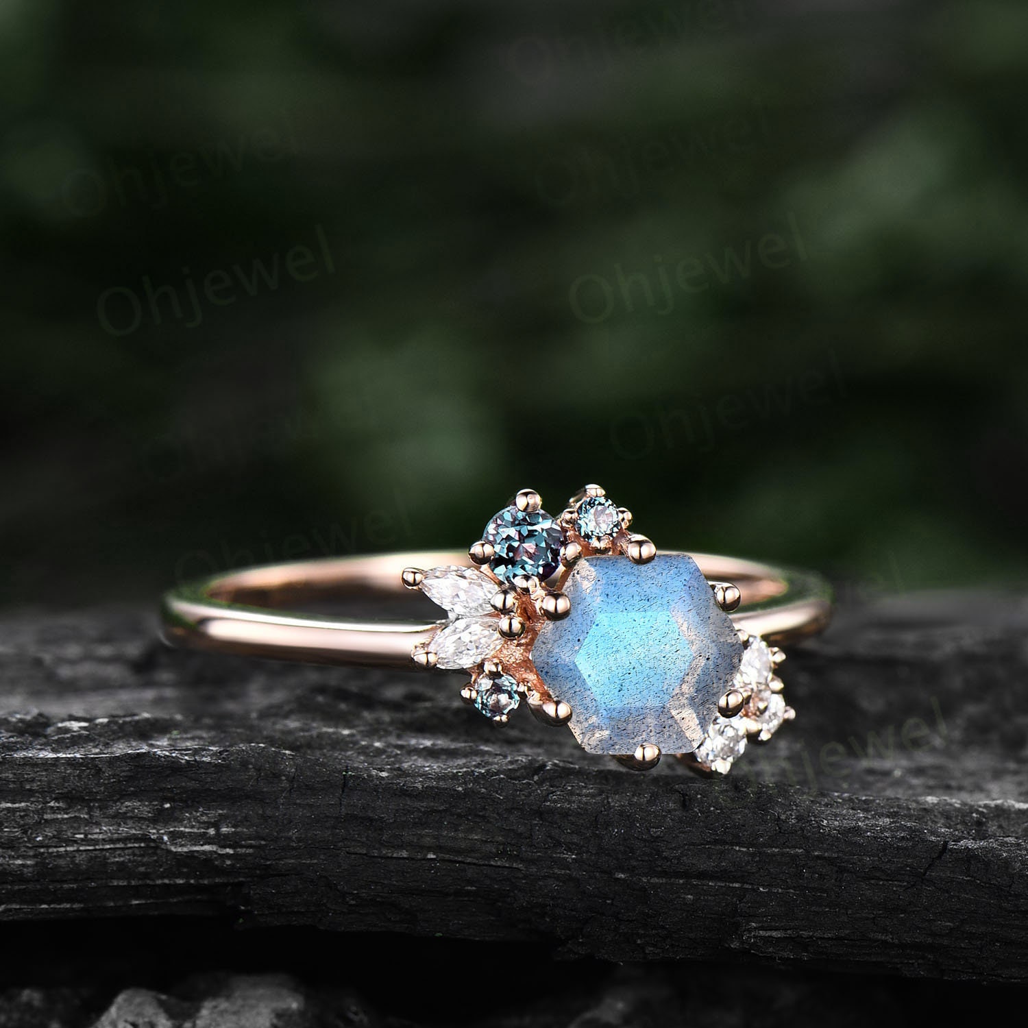 Hexagon Cut Blue Labradorite Ring Gold Silver Vintage Unique