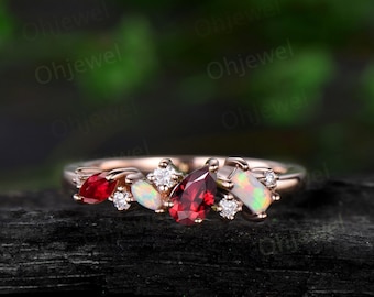 Dainty pear ruby ring vintage art deco Baguette cut opal ring 14k rose gold unique cluster moissanite wedding band anniversary gift